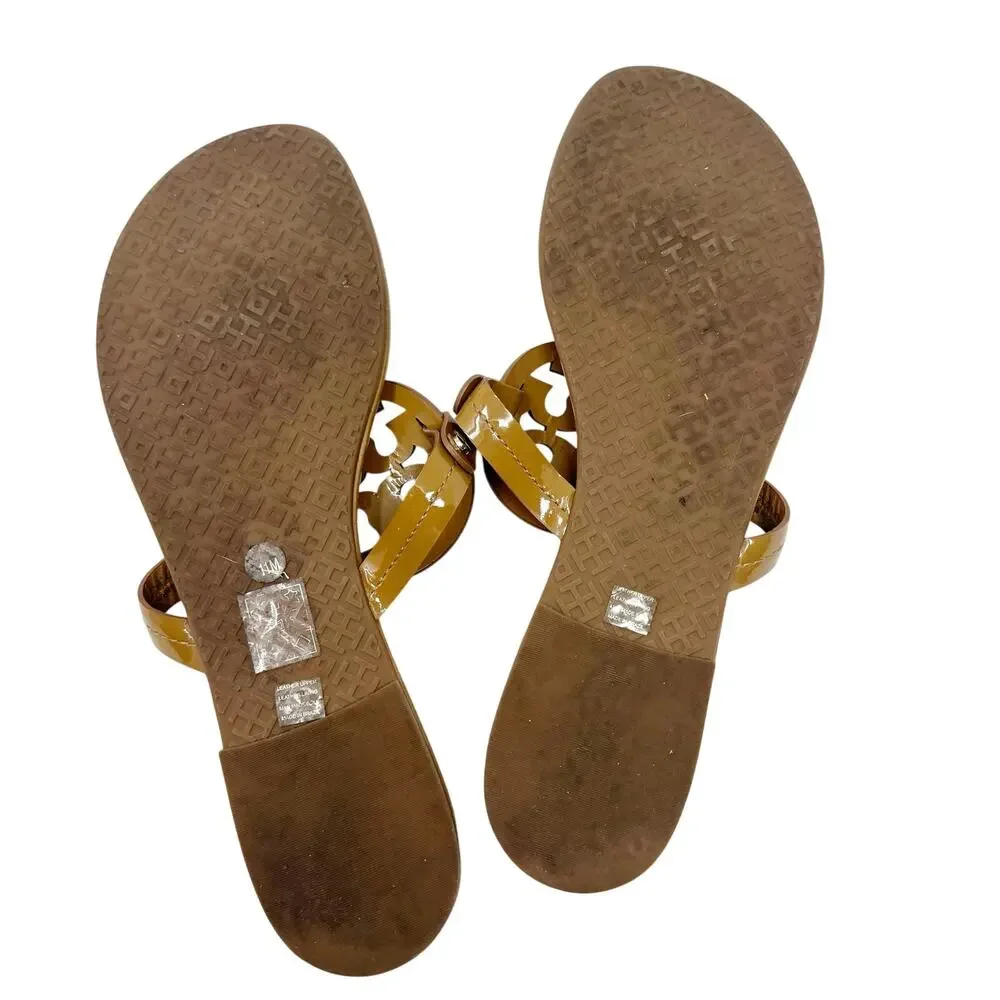 Tory Burch Miller Sandal Tan Patent Leather Logo Medallion Thong Flat Size 11